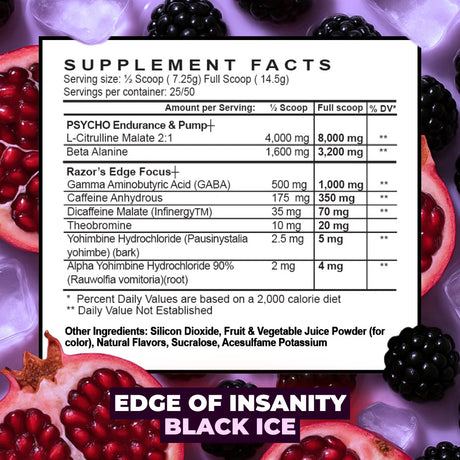Supplement facts label for 'Edge of Insanity Black Ice' with pomegranate and blackberry background