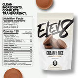 Elev8 Creamy Rice Peanut Butter Cup packaging with nutrition facts label on a white background