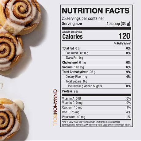 Elev8 Creamy Rice Nutrition facts label for a cinnamon roll-flavored product with cinnamon rolls in the background.