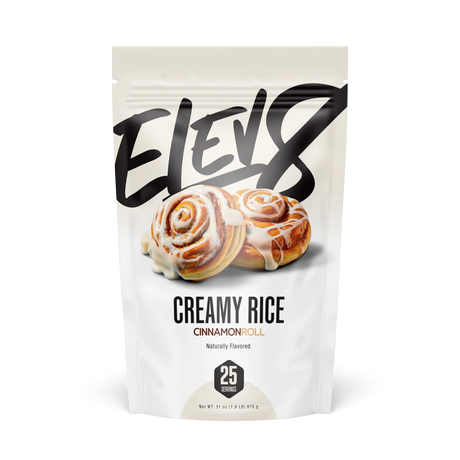 Elev8 Creamy Rice Cinnamon Roll flavor package on a white background