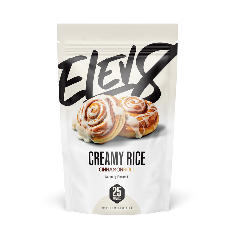 Elev8 Creamy Rice Cinnamon Roll flavor package on a white background