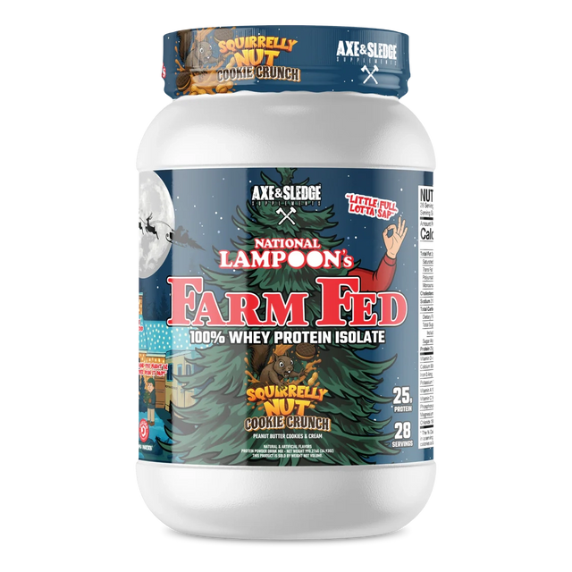 Axe & Sledge Farm Fed 100% Grass Fed Whey Protein Isolate Squirrelly Nut Cookie Crunch National Lampoon's