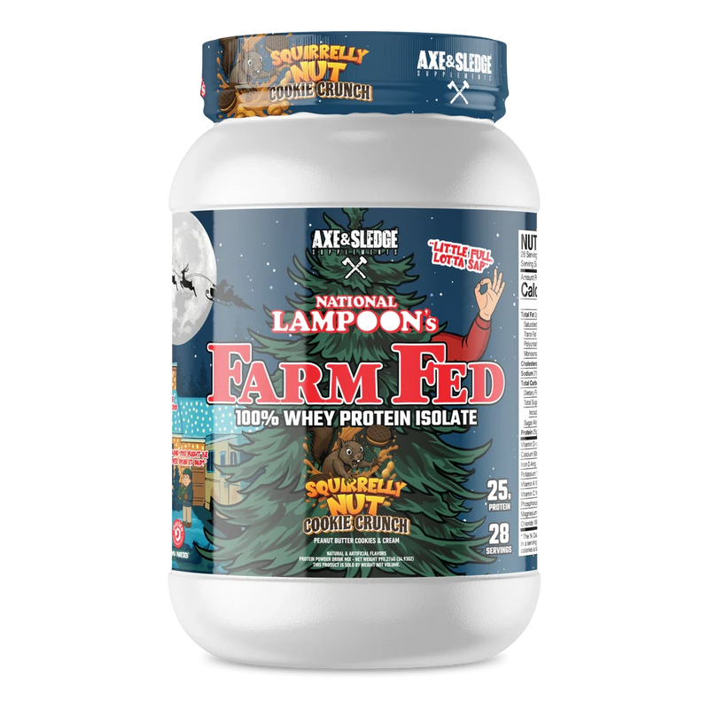 Axe & Sledge Farm Fed 100% Grass Fed Whey Protein Isolate Squirrelly Nut Cookie Crunch National Lampoon's
