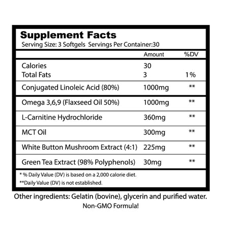 Supplement facts label with detailed nutritional information for Frontline Formulations TNT Tight N' Tone supplement with CLA, L-Carnitine, and MCT Oil