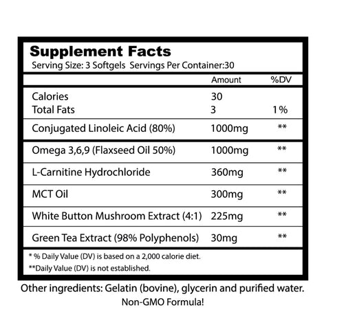 Supplement facts label with detailed nutritional information for Frontline Formulations TNT Tight N' Tone supplement with CLA, L-Carnitine, and MCT Oil