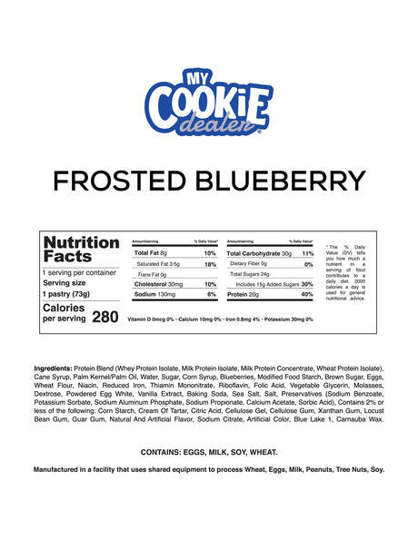 Nutrition facts label for Frosted Blueberry Protein Toaster Pastries  from My Cookie Dealer