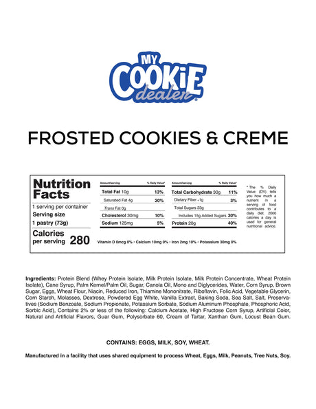 Nutrition facts label for Frosted Cookies & Creme Protein Toaster Pastry by My Cookie Dealer on a white background.