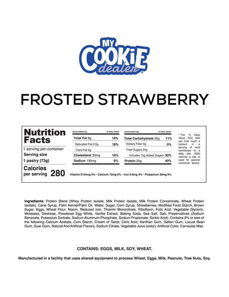 Nutrition facts label for frosted strawberry protein Toaster Pastry by My Cookie Dealer