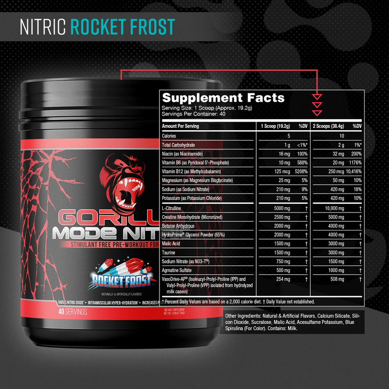 Gorilla Mode Nitric supplement container with supplement facts for Rocket Frost