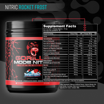 Gorilla Mode Nitric supplement container with supplement facts for Rocket Frost