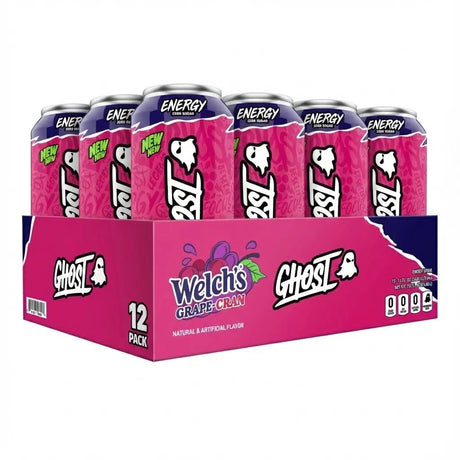 12-pack of Ghost Energy Drinks in Welch's Grape Cran flavor.