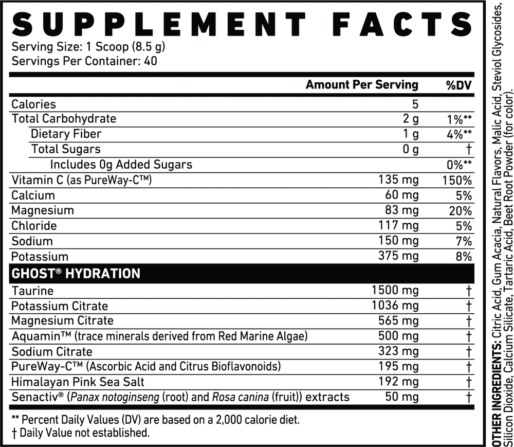 Ghost Hydration Powder Kiwi Strawberry flavor container with 40 servings, electrolyte blend, and hydration support for athletes, fitness, and daily wellness.