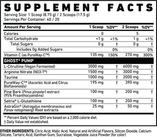 Ghost Pump Non-stim nutrition label
