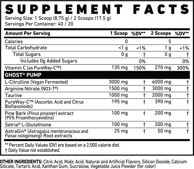 Ghost Pump Non-stim nutrition label
