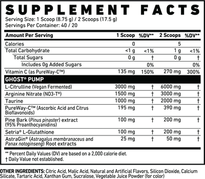 Ghost Pump Non-stim nutrition label
