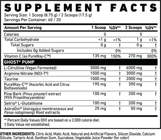 Ghost Pump Non-stim nutrition label
