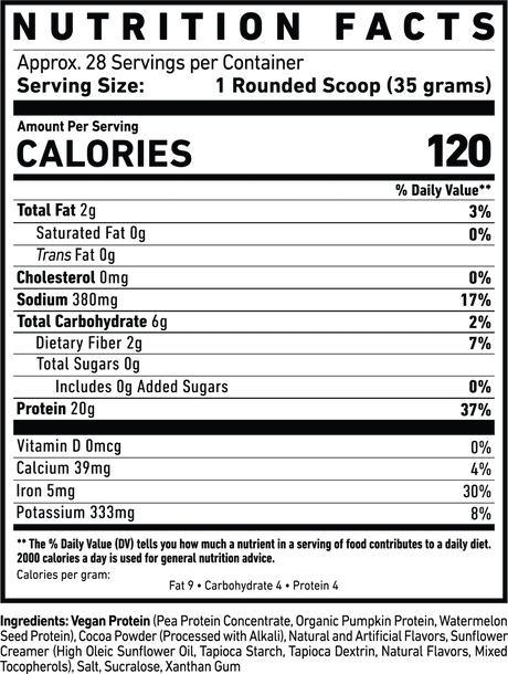 Nutrition facts label for Ghost Vegan protein product with serving size, calories, and nutritional content.