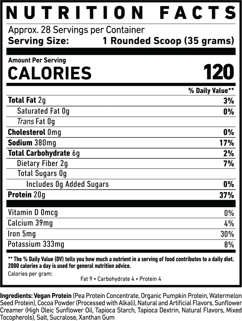 Nutrition facts label for Ghost Vegan protein product with serving size, calories, and nutritional content.