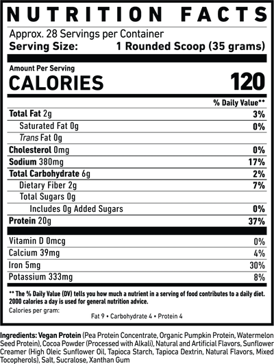 Nutrition facts label for Ghost Vegan protein product with serving size, calories, and nutritional content.
