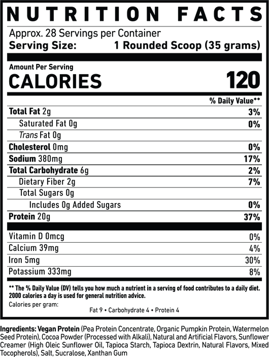 Nutrition facts label for Ghost Vegan protein product with serving size, calories, and nutritional content.
