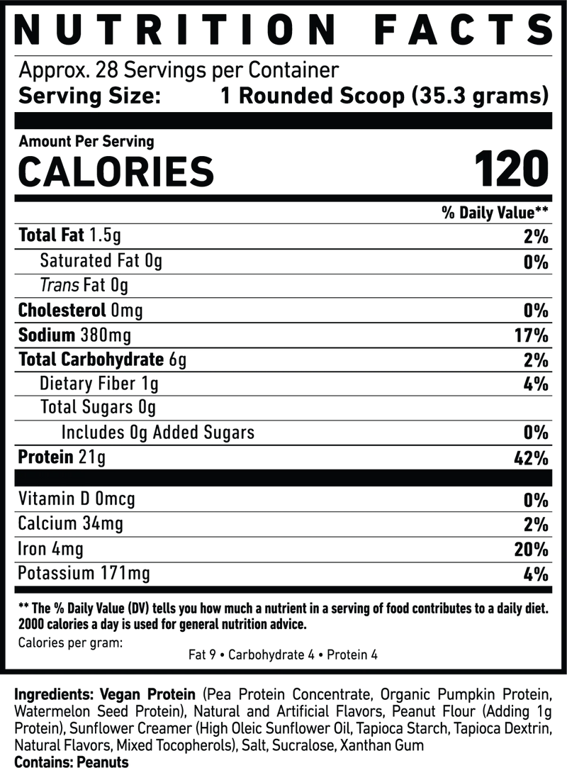 Nutrition facts label for Ghost Vegan Protein powder product with detailed nutritional information.
