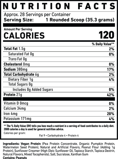 Nutrition facts label for Ghost Vegan Protein powder product with detailed nutritional information.