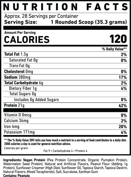 Nutrition facts label for Ghost Vegan Protein powder product with detailed nutritional information.