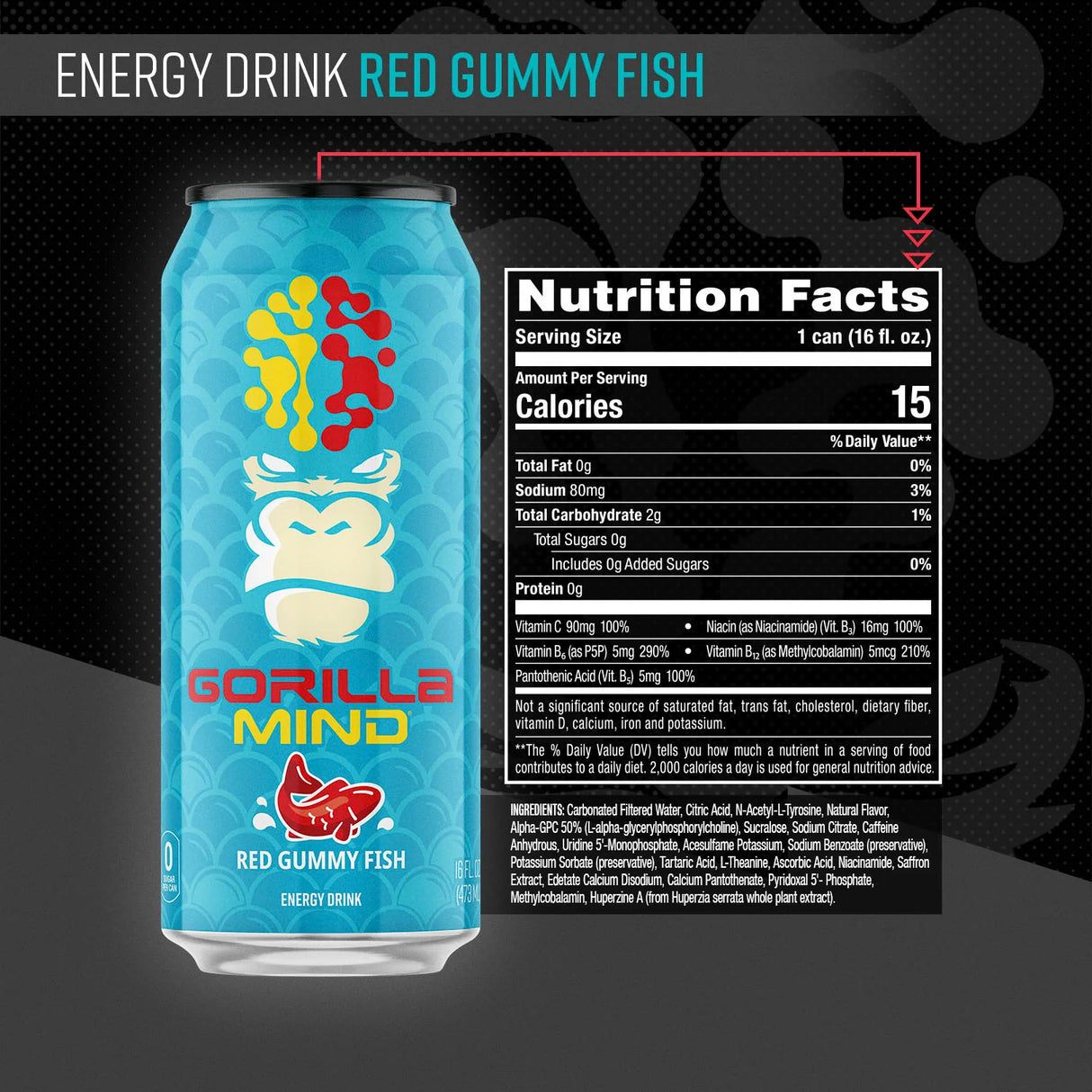Gorilla Mind Red Gummy Fish energy drink can with nutrition facts label on a black background