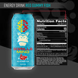 Gorilla Mind Red Gummy Fish energy drink can with nutrition facts label on a black background