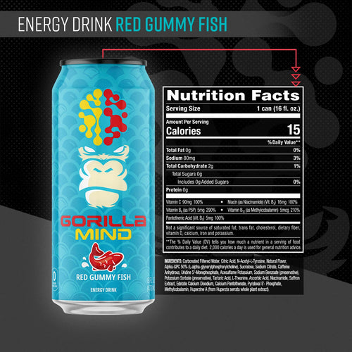 Gorilla Mind Red Gummy Fish energy drink can with nutrition facts label on a black background