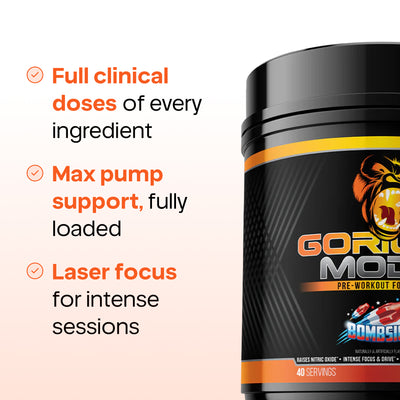 Pre-workout supplement container with text highlighting features on a light pink background