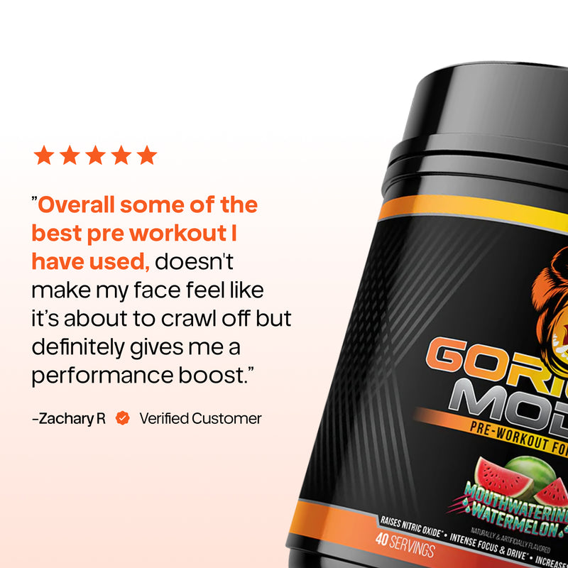 Gorilla Mode pre-workout supplement bottle with customer review on a light pink background