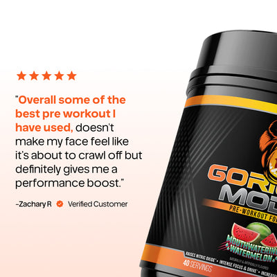 Gorilla Mode pre-workout supplement bottle with customer review on a light pink background