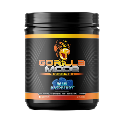 Gorilla Mode pre-workout formula container with blue raspberry flavor on a white background