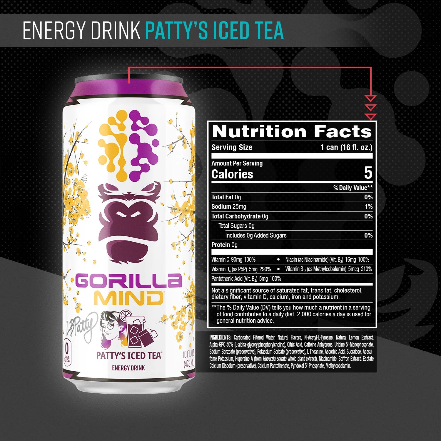 Gorilla Mind Energy Drink – Sugar-Free Nootropic Energy, 200mg Caffeine (12-Pack)