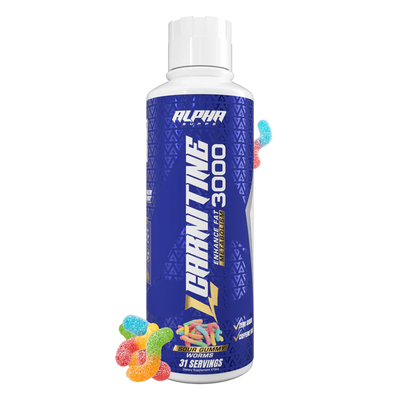 Alpha Energy drink supplement bottle with colorful gummy bears on a white background