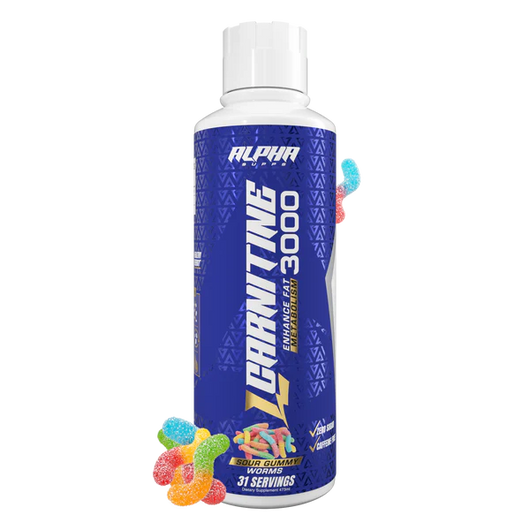 Alpha Energy drink supplement bottle with colorful gummy bears on a white background