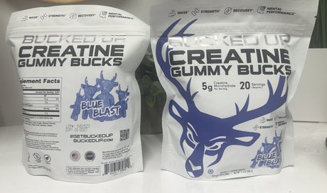 Two packages of 'Bucked Up Creatine Gummy Bucks' on a white background