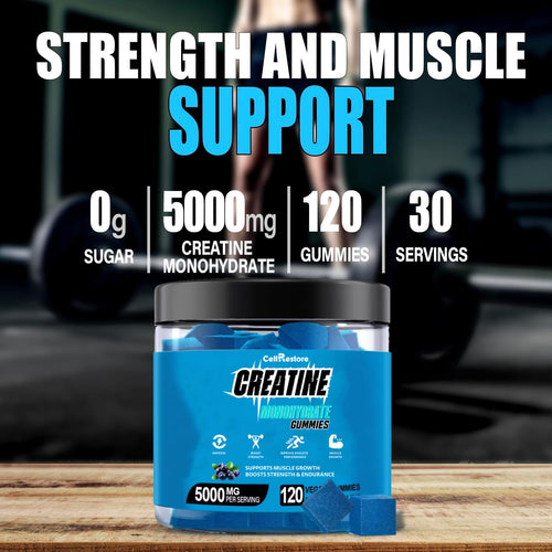 Blue container of Creatine Monohydrate Gummies with text highlighting benefits on a wooden surface.