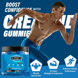 Man in blue shorts with a creatine supplement container on a blue background