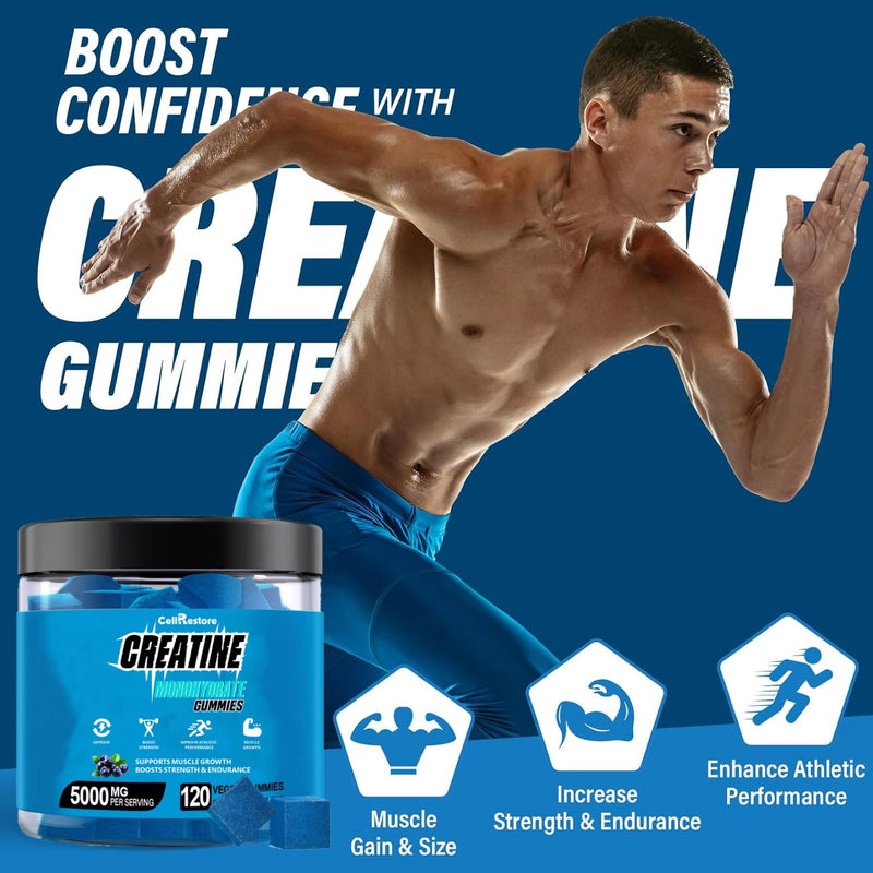 Man in blue shorts with a creatine supplement container on a blue background
