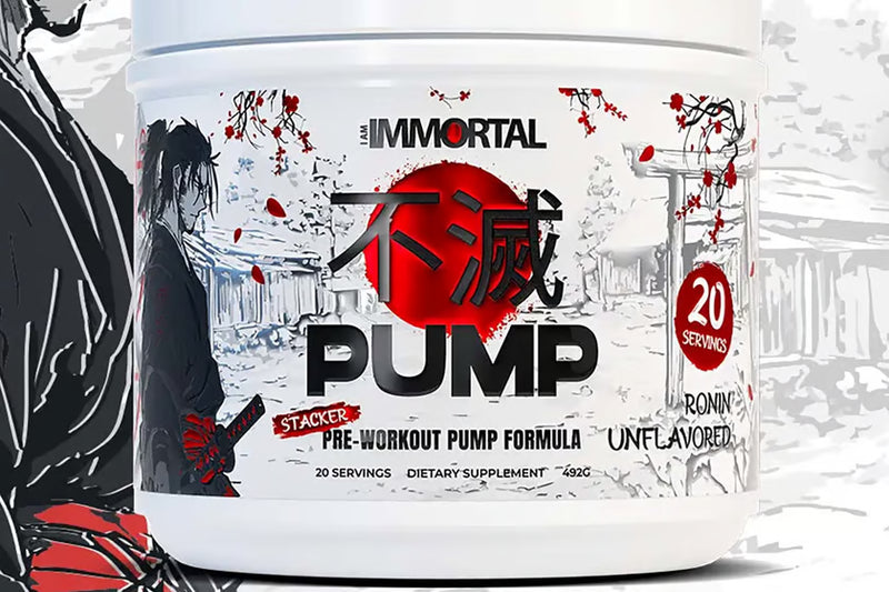 Pre-workout supplement container with 'Immortal Pump' branding on a white background