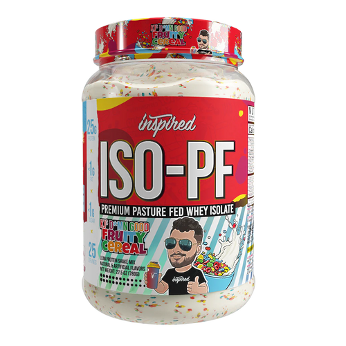 Container of ISO-PF grass fed whey protein isolate KJ'S Fruity Cereal supplement 