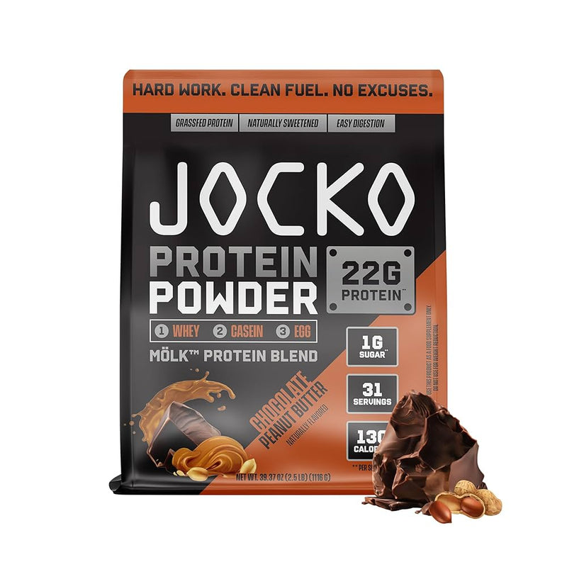 Jocko Molk Whey Protein Powder Chocolate Peanut Butter Flavor in a package 
