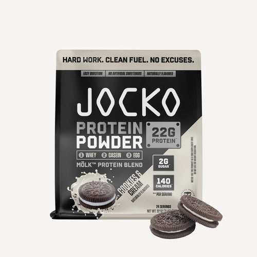 Jocko Molk Whey Protein Powder Supplement in Cookies and Cream Flavor