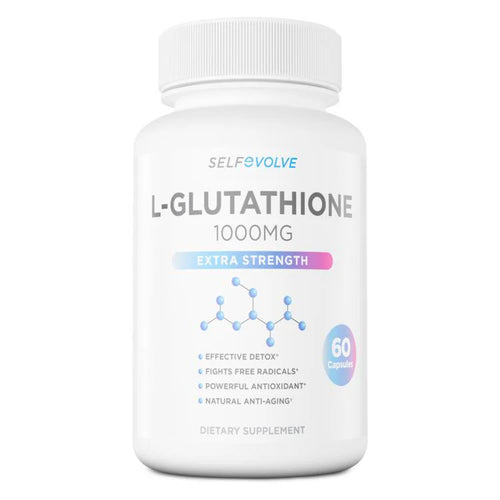 A bottle of Selfevolve L-Glutathione 1000mg Extra Strength, with capsules for oral ingestion. The label indicates it is a dietary supplement.