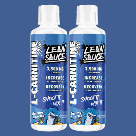 Two bottles of L-Carnitine Lean Sauce Gummy Shark Flavored on a blue background