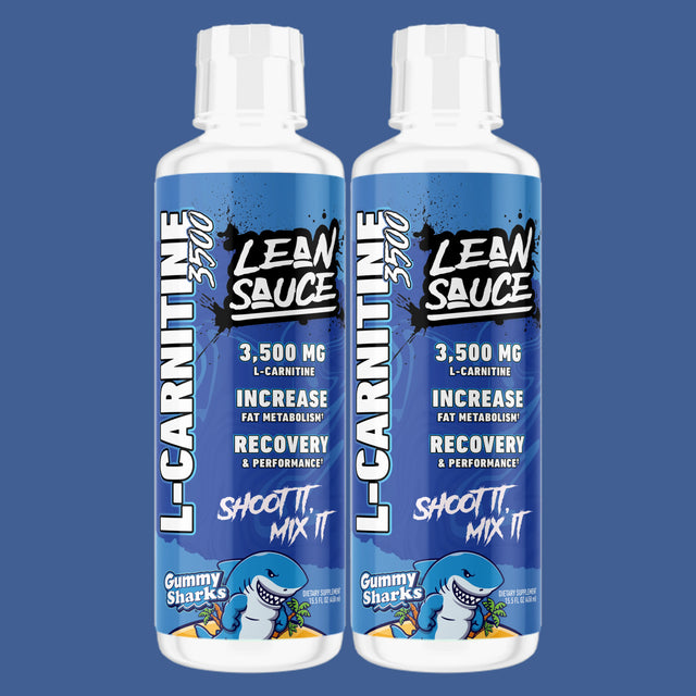 Two bottles of L-Carnitine Lean Sauce Gummy Shark Flavored on a blue background