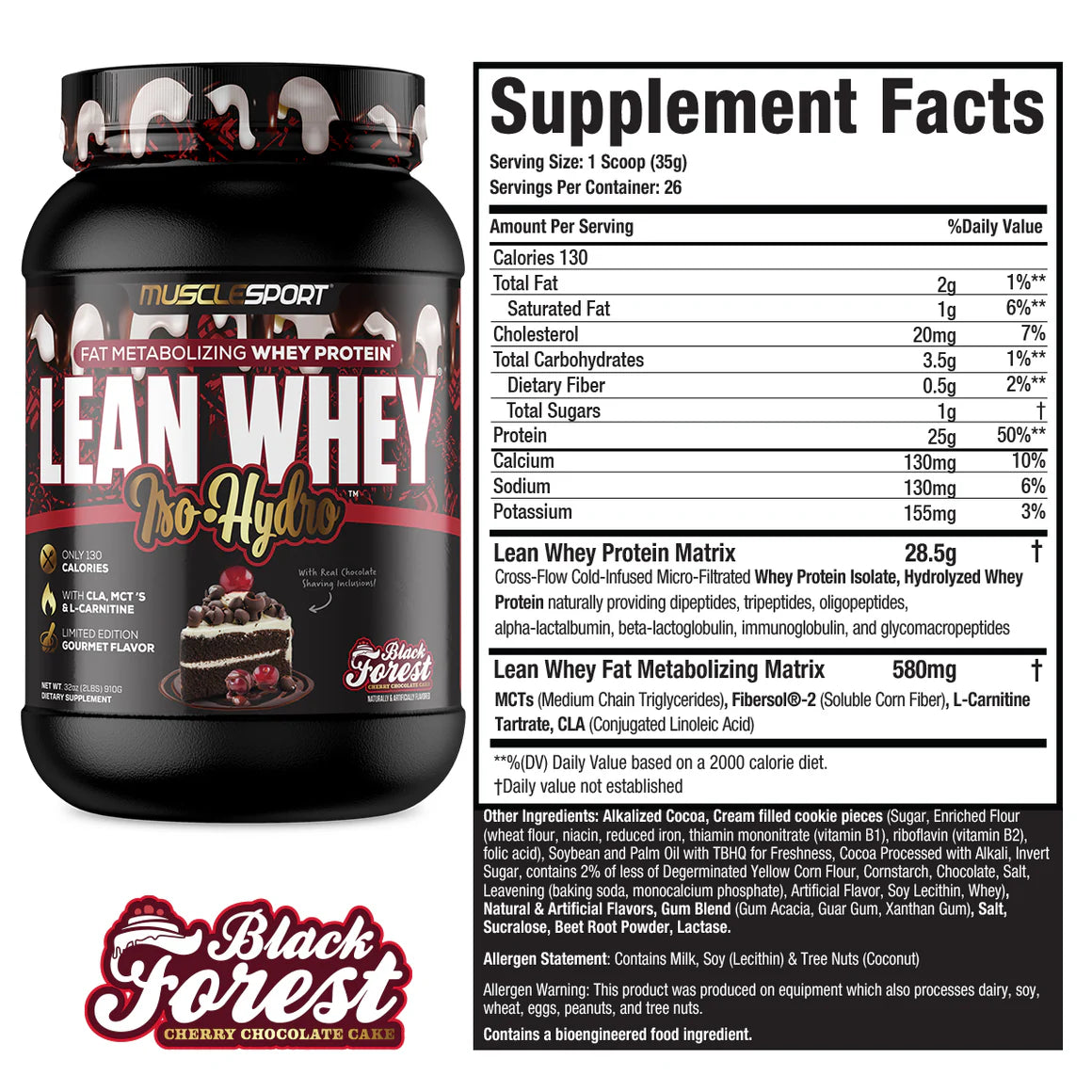 MuscleSport Lean Whey Protein Isolate powder Black Forest Cherry Chocolate Cake