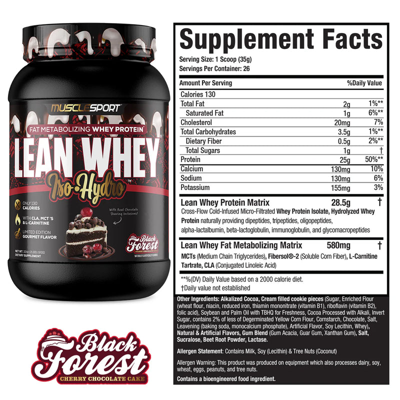MuscleSport Lean Whey Protein Isolate powder Black Forest Cherry Chocolate Cake